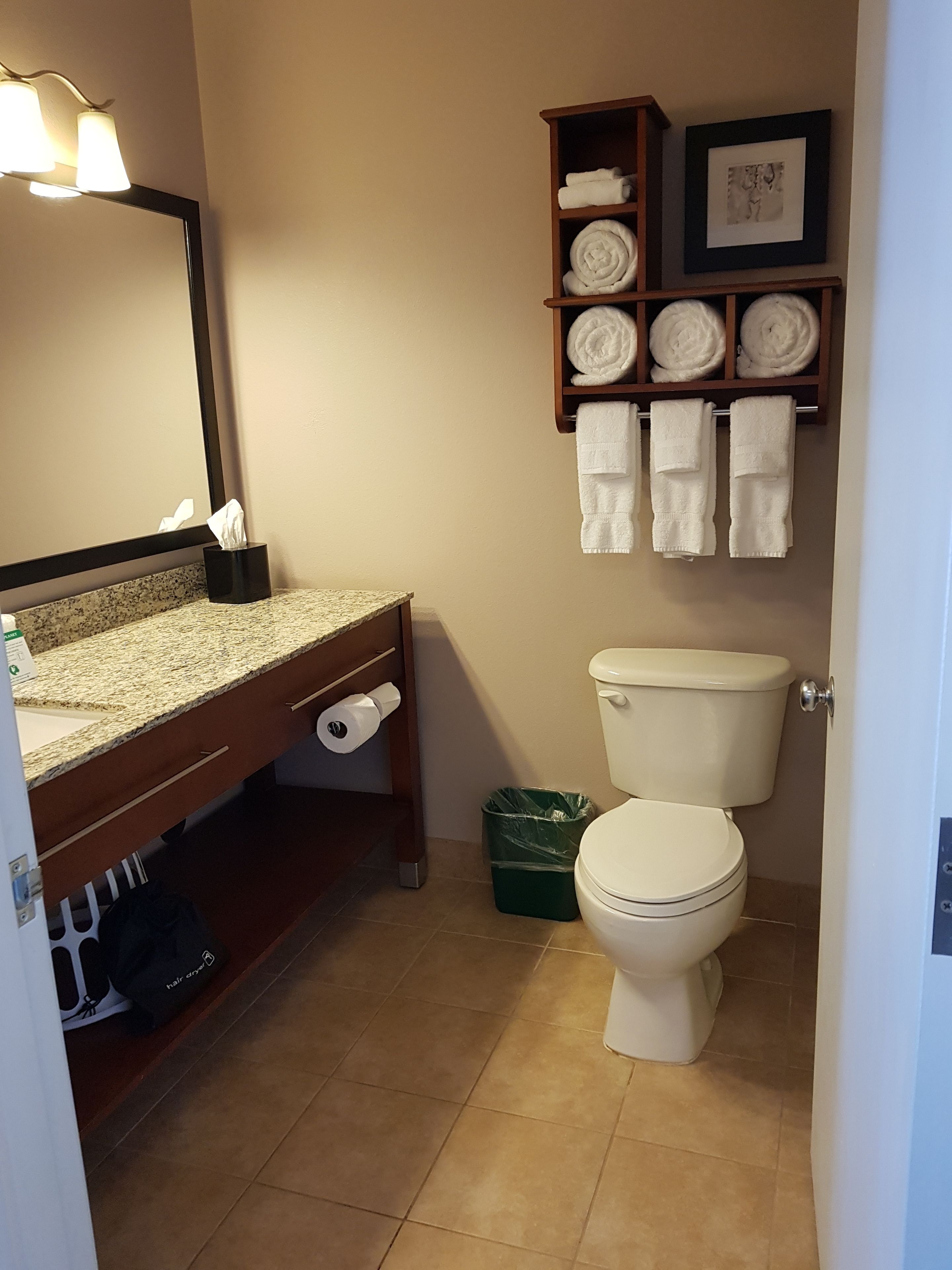 combined shower/bathtub, designer toiletries, hair dryer, towels