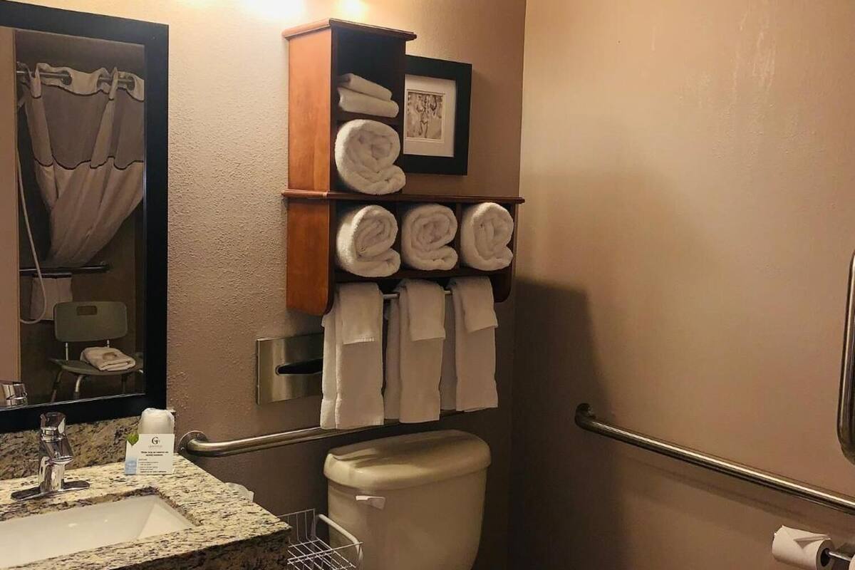 combined shower/bathtub, designer toiletries, hair dryer, towels