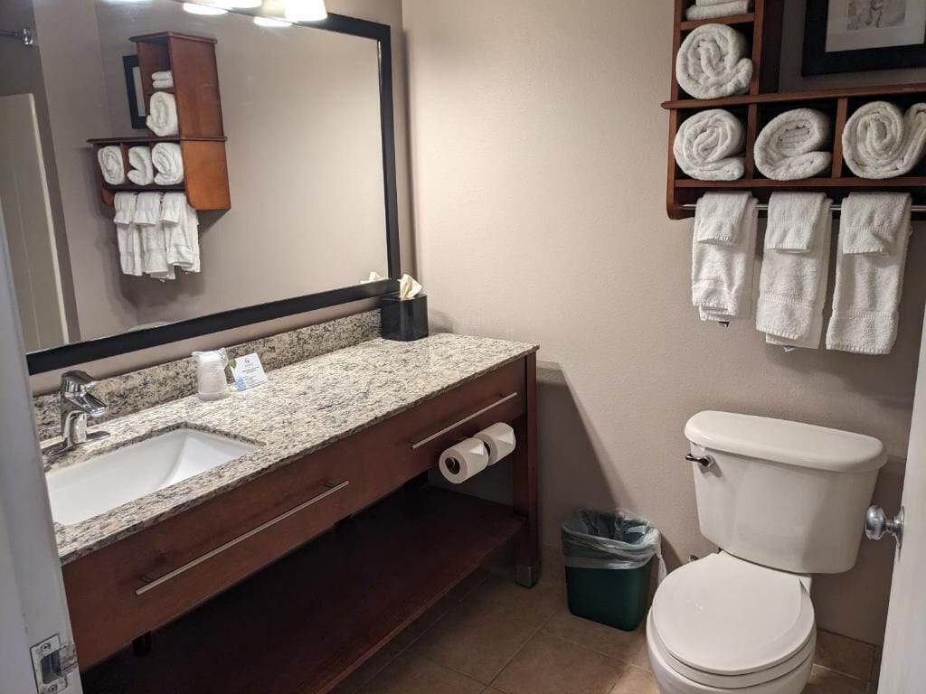 A bathroom with a granite countertop sink, a mirror, a toilet, and towel racks.