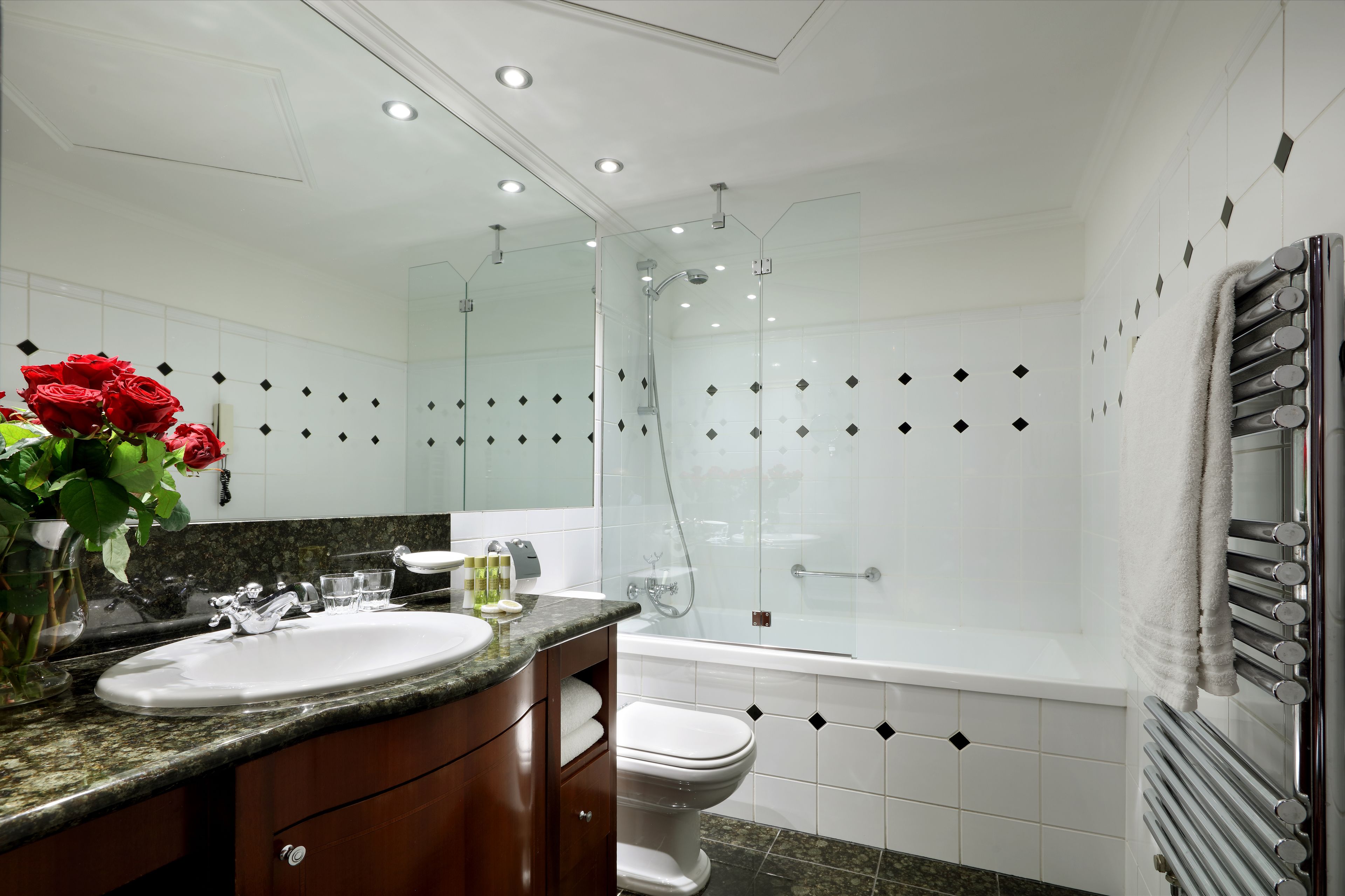 bathtub, eco-friendly toiletries, hair dryer, towels