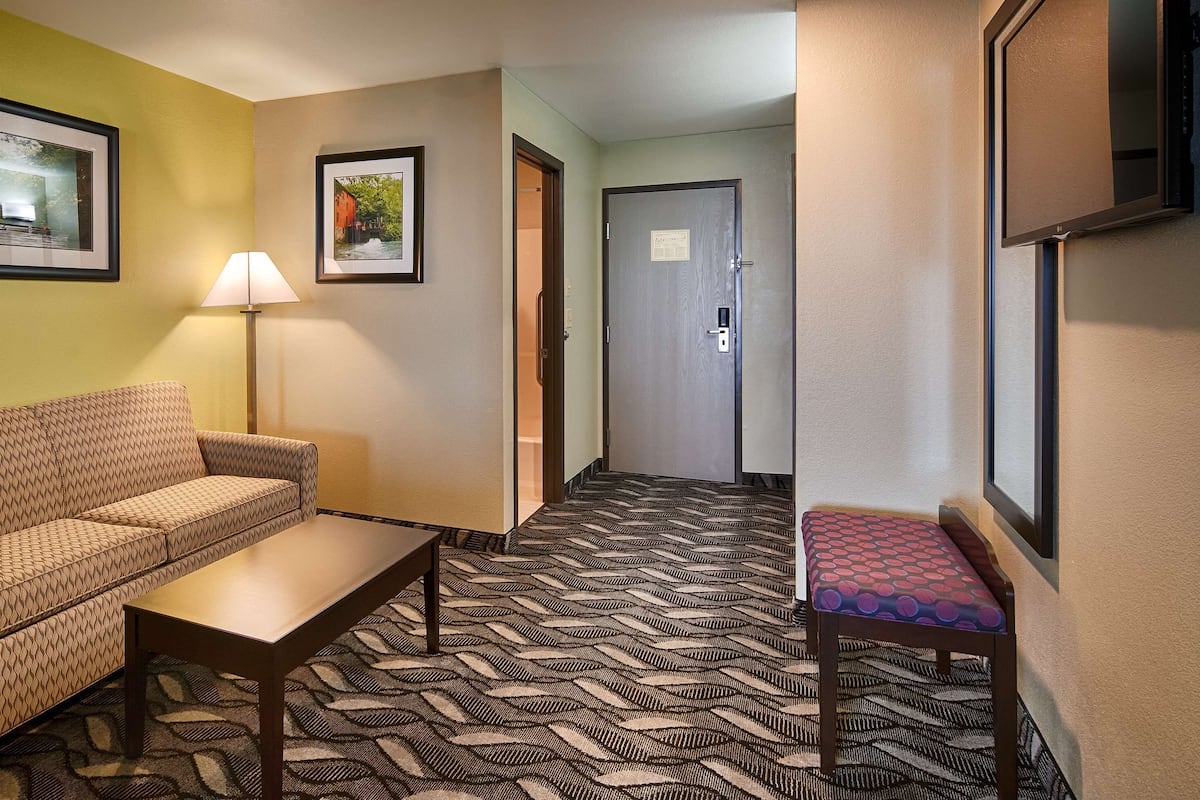 A hotel room with a patterned sofa, a small table, a lamp, and a bench with a polka dot cushion.