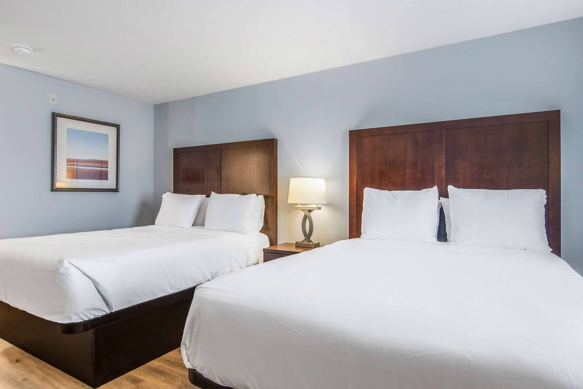 A hotel room with two single beds, a nightstand with a lamp, and a framed picture on the wall.