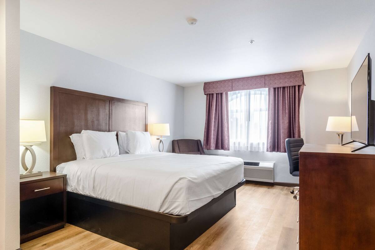 A hotel room with a large bed, a desk, a chair, and a TV.