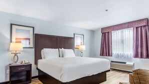 Une chambre d’hôtel avec un grand lit, deux tables de chevet avec des lampes, une chaise et une fenêtre avec des rideaux.