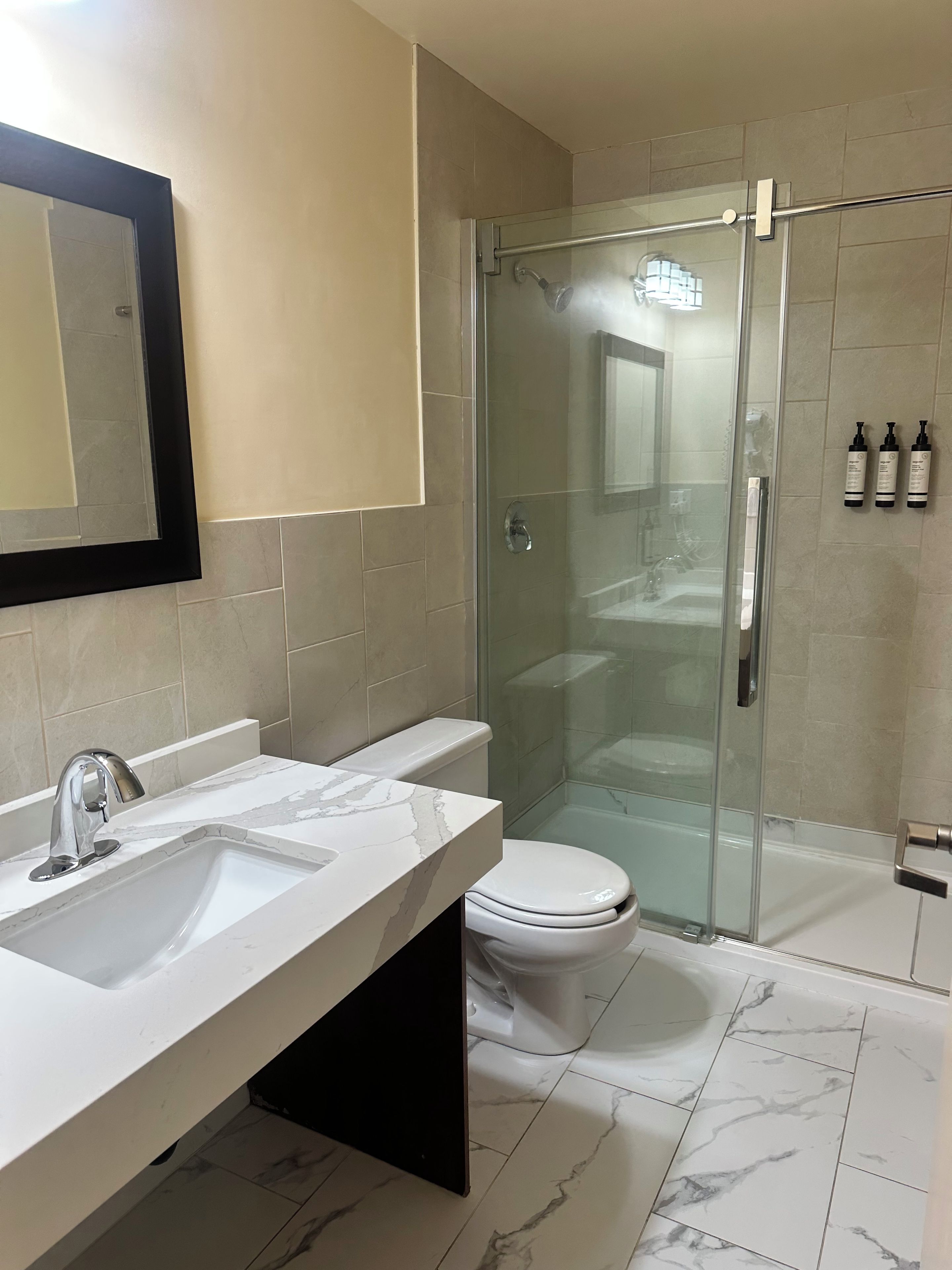 Une salle de bain moderne avec une douche à parois de verre, un lavabo blanc doté d’un plan de toilette en marbre et des toilettes.