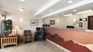 Zona de recepción con mostrador, computadora, silla, lámpara y planta.