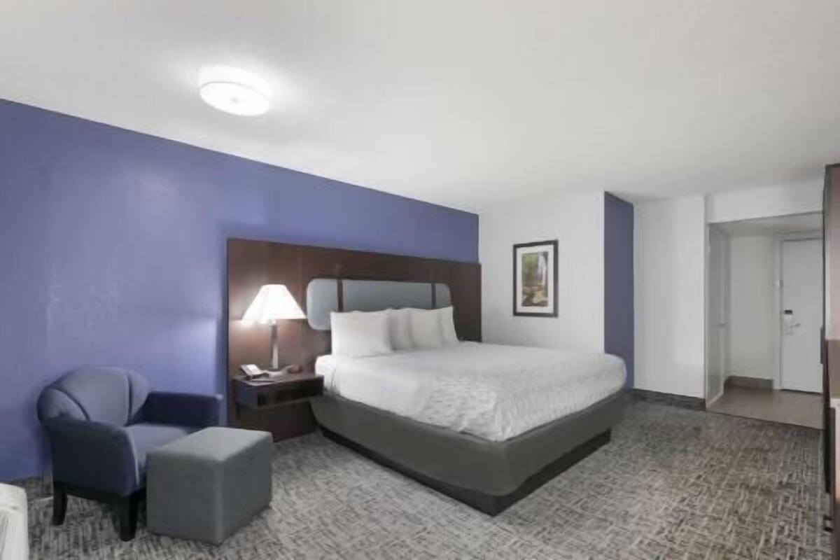 Une chambre d’hôtel avec un lit, une chaise, une table de chevet, une lampe et un tableau encadré au mur.