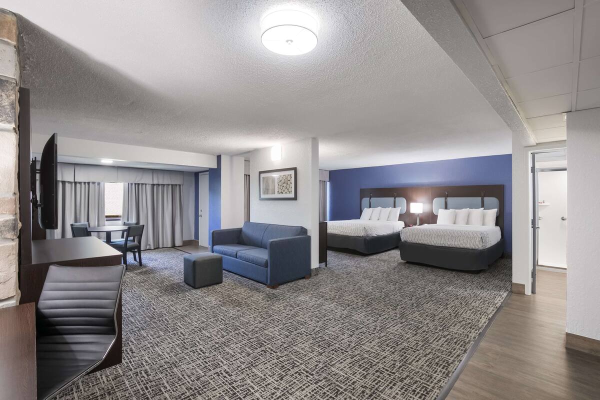 Une chambre d’hôtel moderne équipée d’un canapé, de deux lits, d’un bureau et d’une télévision.