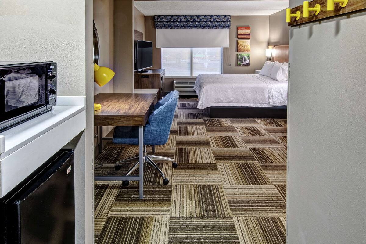A hotel room with a bed, a desk with a chair, a television, a microwave, and a patterned carpet.