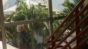 A view through a large window of a beach, palm trees, and a white gazebo. - Saint John Perse (Pointe-à-Pitre)