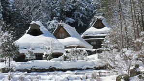 A traditional wooden house with a snow-covered roof, surrounded by snow-laden trees and shrubs.