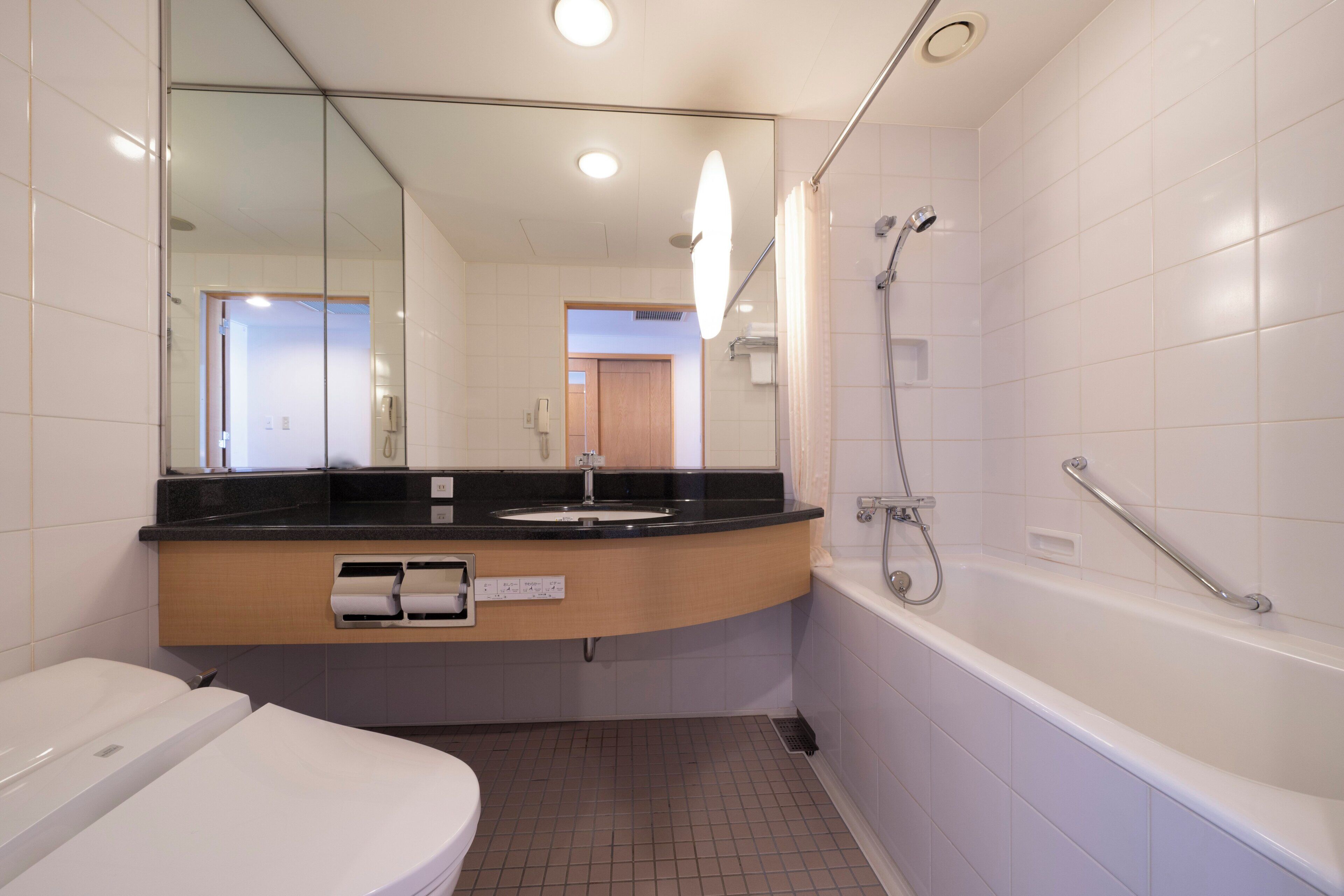 A modern bathroom with a white toilet, a sink with a mirror above it, a shower with a handheld showerhead, and a grab bar on the bathtub.