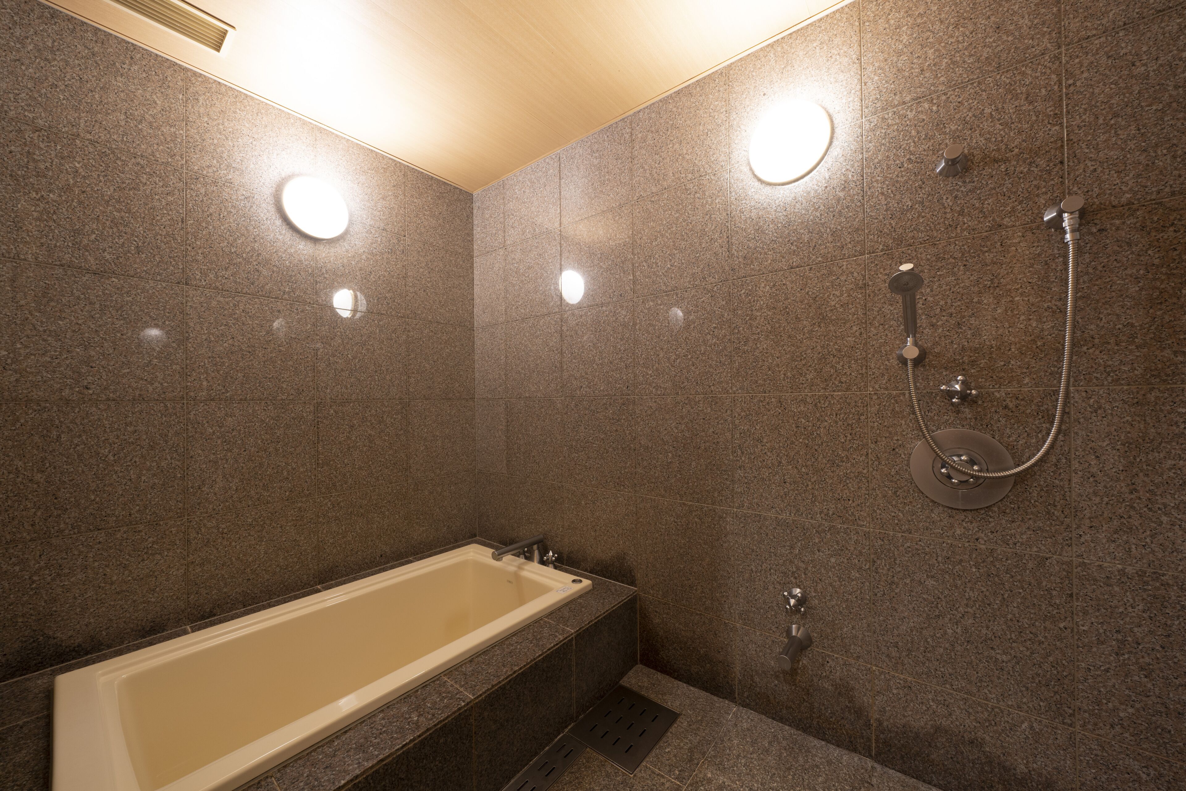 A modern bathroom with a bathtub, shower, and wall-mounted lights.