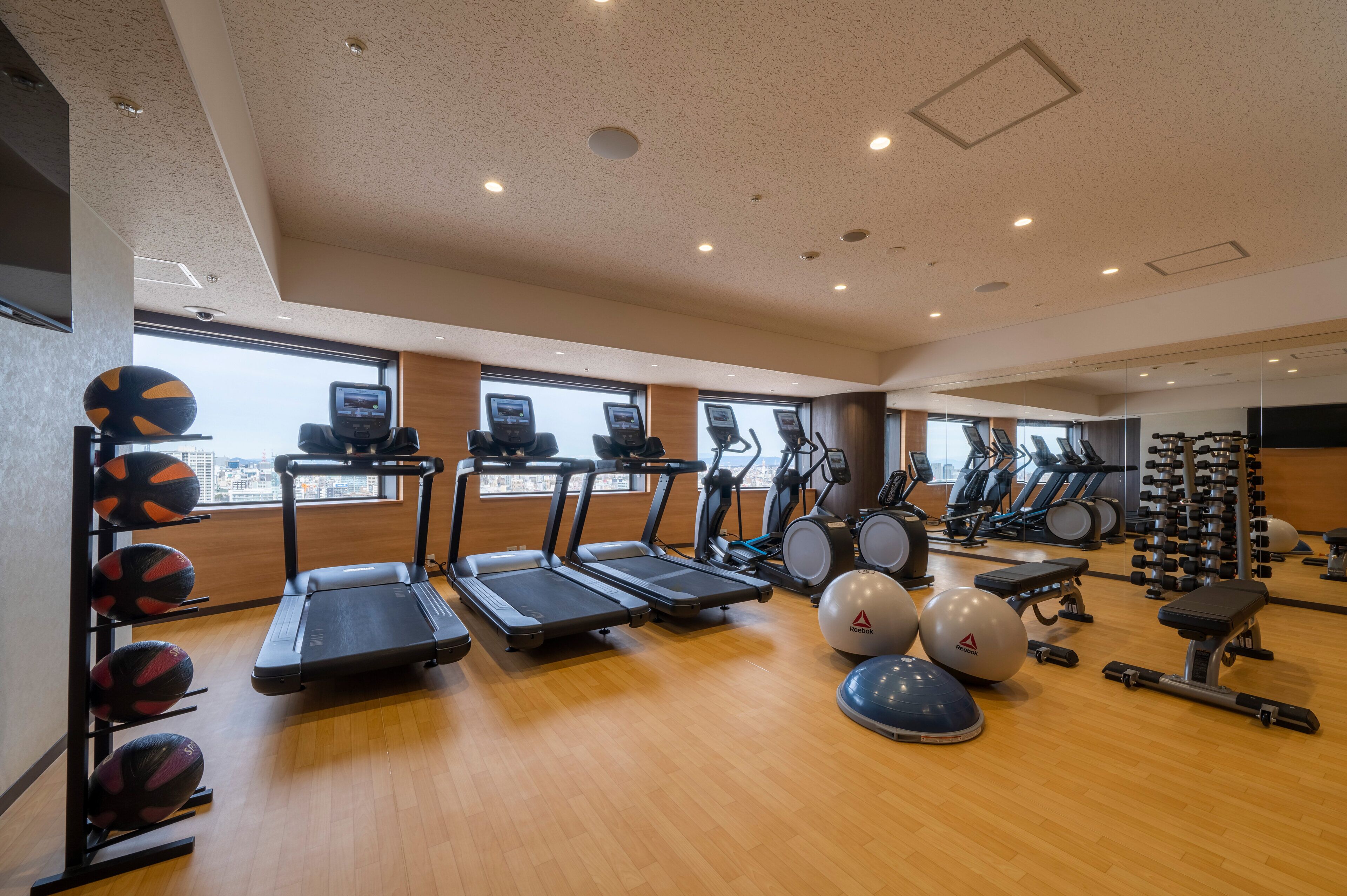 A gym with treadmills, elliptical machines, and free weights.