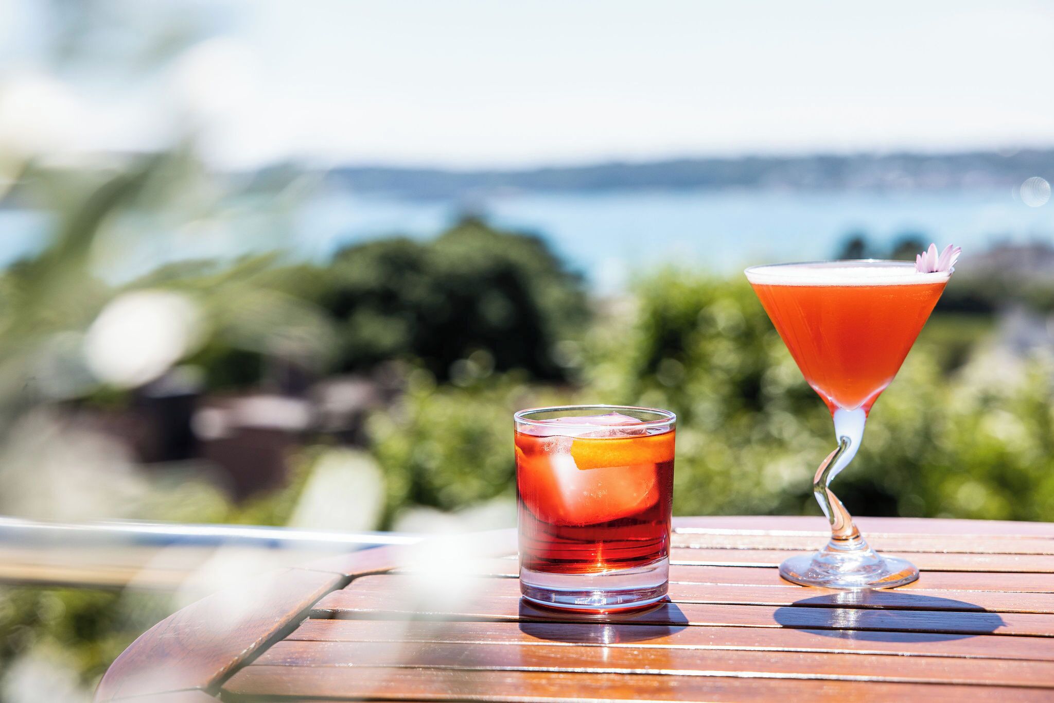 A martini glass and a highball glass on a wooden table with a blurred outdoor background.