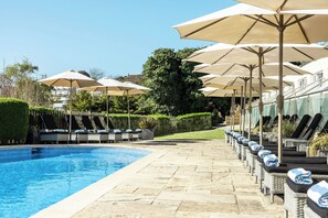 Seasonal outdoor pool, pool umbrellas