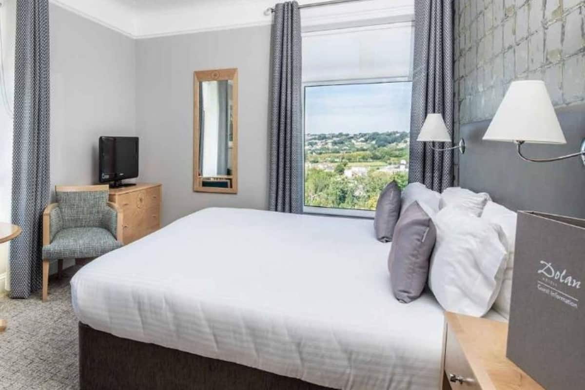 A hotel room with a large bed, a television, a desk with a lamp, and a view of the countryside.