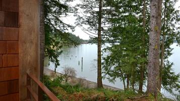 Una cabaña de madera con vista a un lago rodeado de altos árboles.