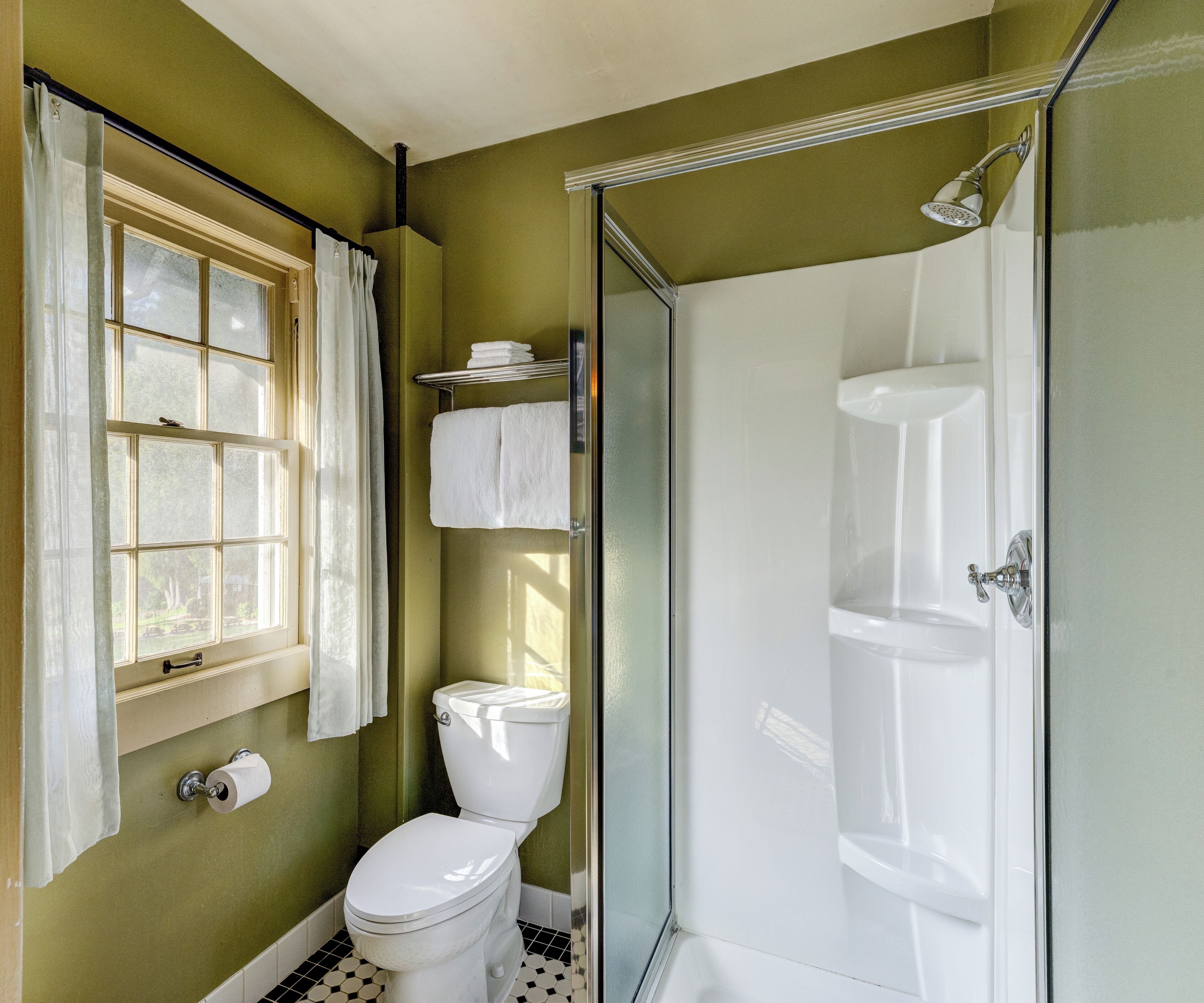 A bathroom with a toilet, a shower, and a window with curtains.