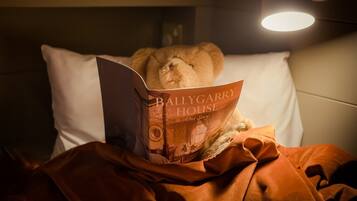 Een teddybeer ligt op een bed, voor zich ligt een boek met de titel 'Ballygarry House Our Story'.
