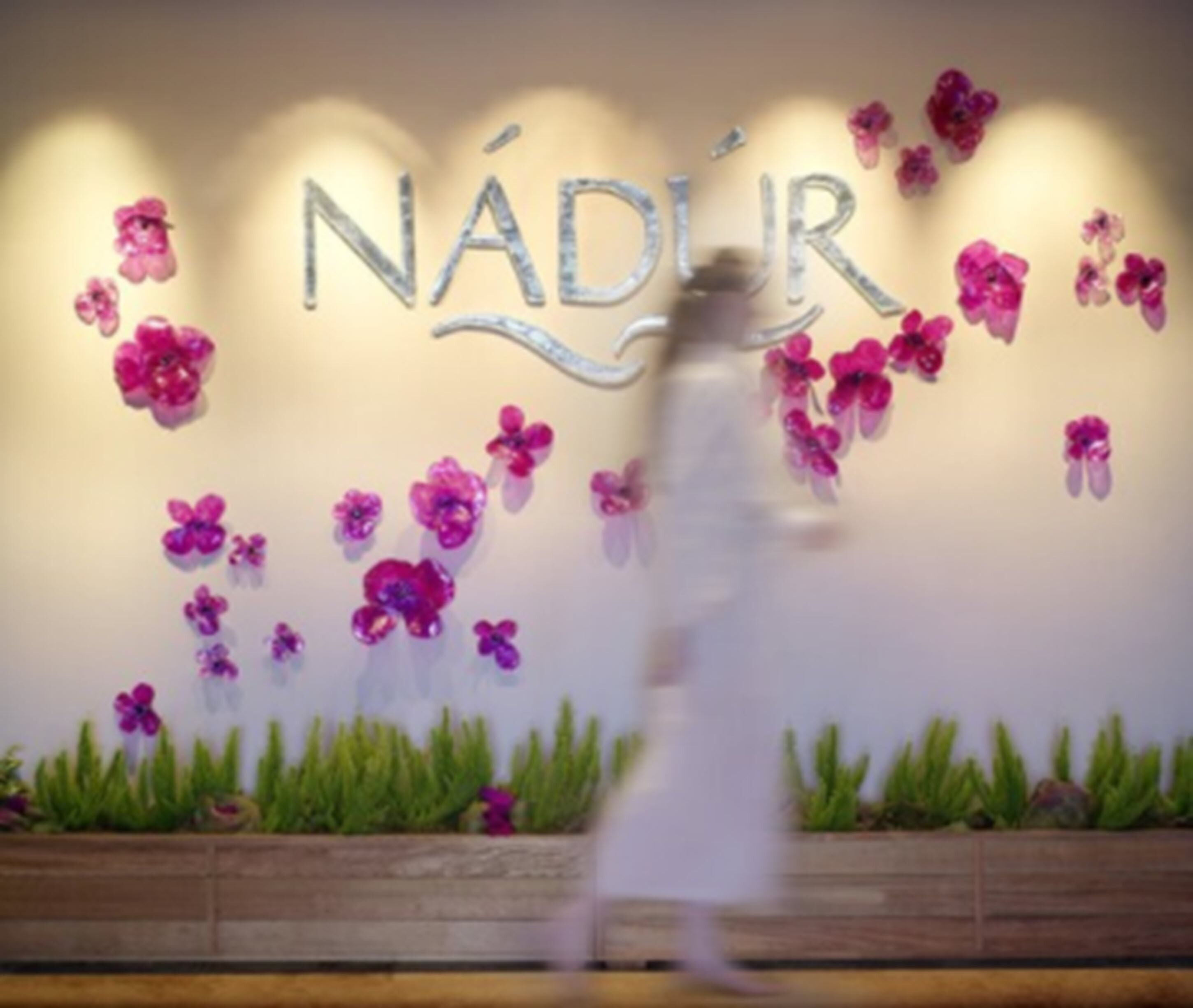 A wall with the word "NADIR" and pink flowers.