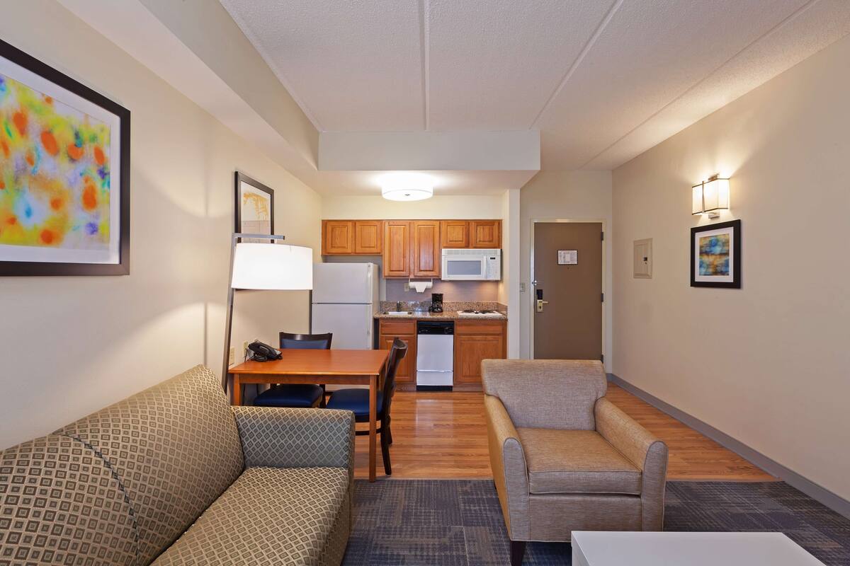 A compact living space with a kitchenette, a dining area, and a seating area with a sofa and armchair.