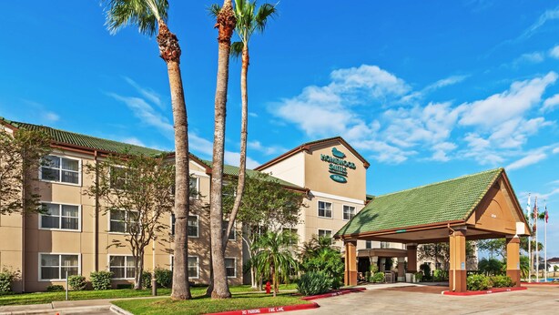 Un hotel con techo verde, palmeras y un letrero que dice "Homwood Suites Hilton".