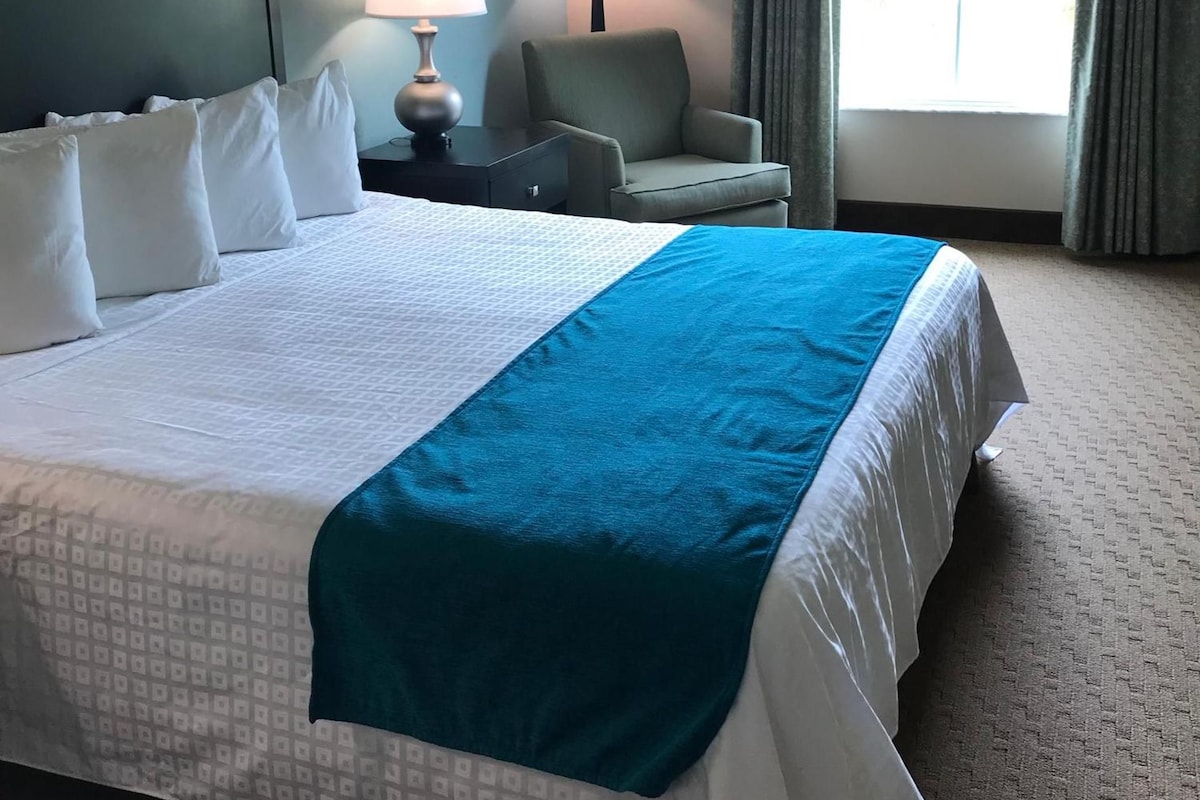 A hotel room with a large bed, a chair, a nightstand, a lamp, and a window with curtains.