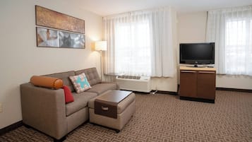 Premium bedding, desk, blackout drapes, iron/ironing board