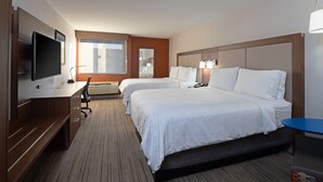 A hotel room with two beds, a TV, a desk, and a large window. - Holiday Inn Express Hotel & Suites SeaTac by IHG (SeaTac)