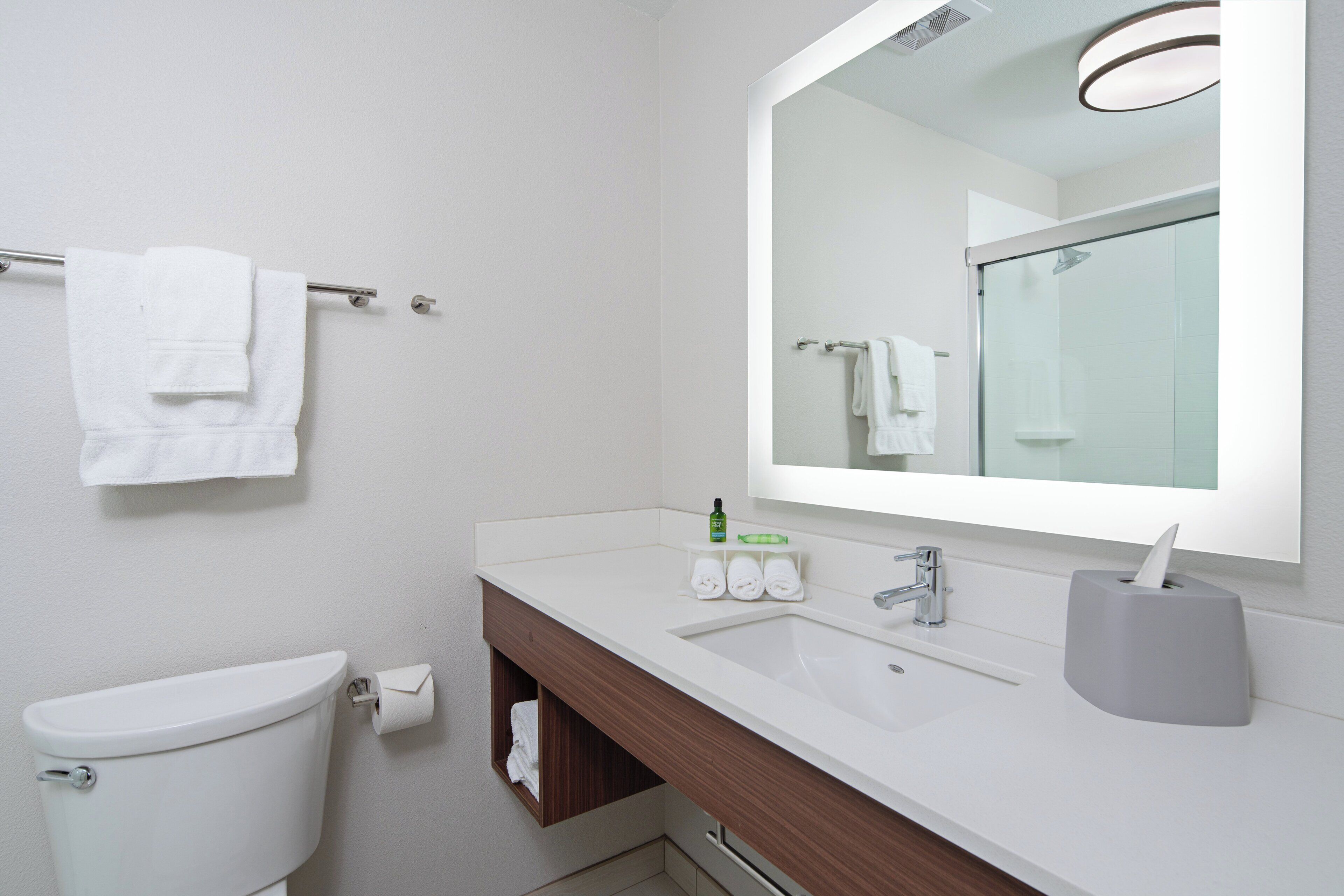 A modern bathroom with a toilet, sink, and mirror.