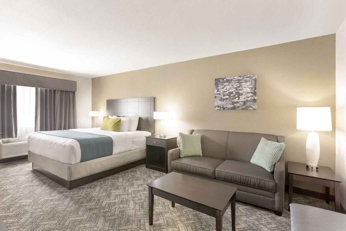 Una habitación de hotel con cama, sofá, mesa de centro y un cuadro en la pared.