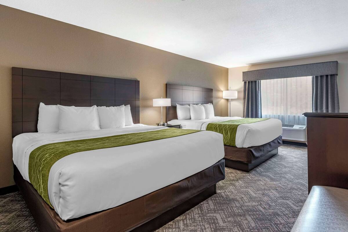 Habitación de hotel con dos camas, un ventanal con cortinas y suelo alfombrado.