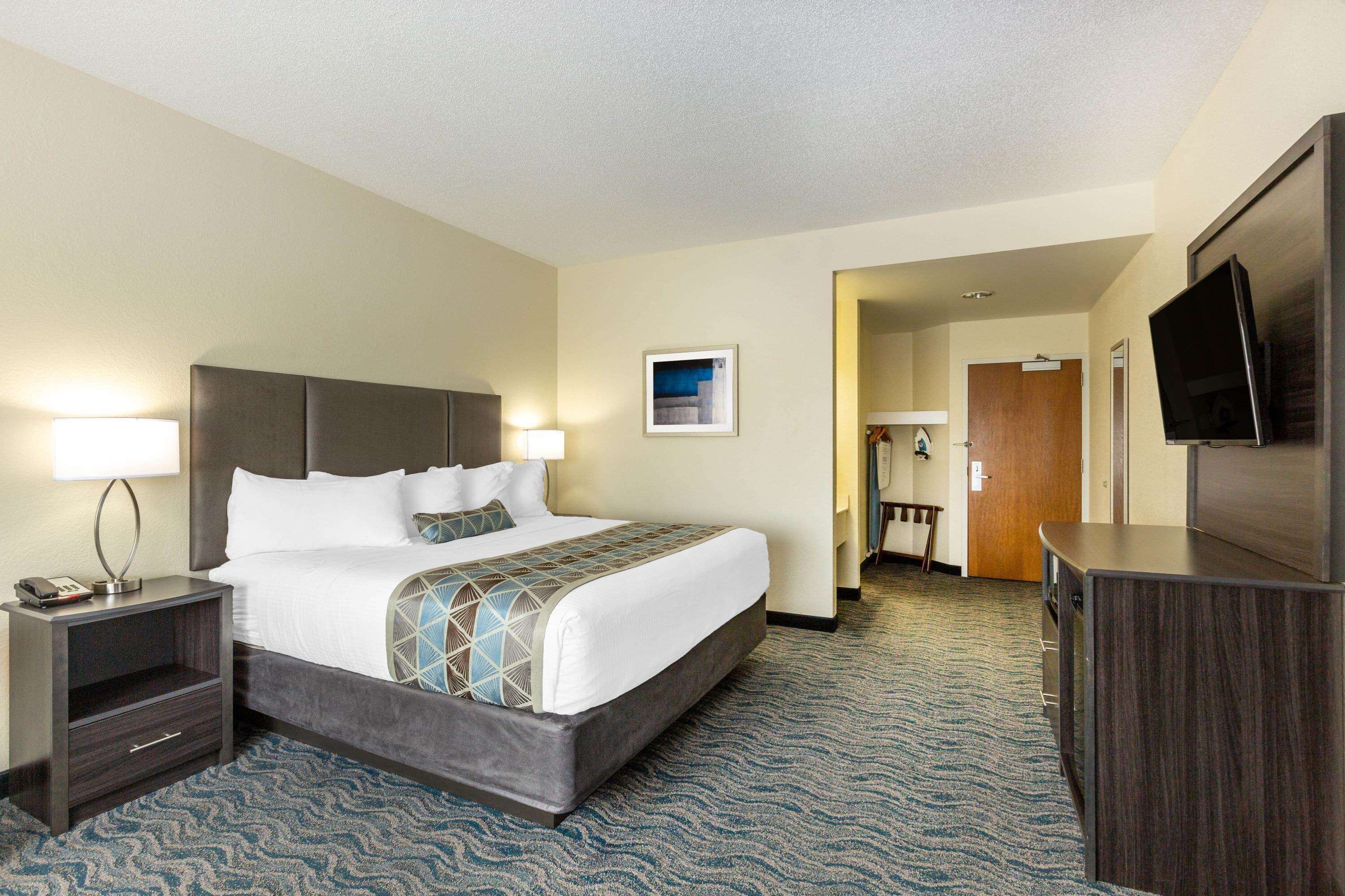 A hotel room with a bed, bedside lamps, a TV, and a carpeted floor.