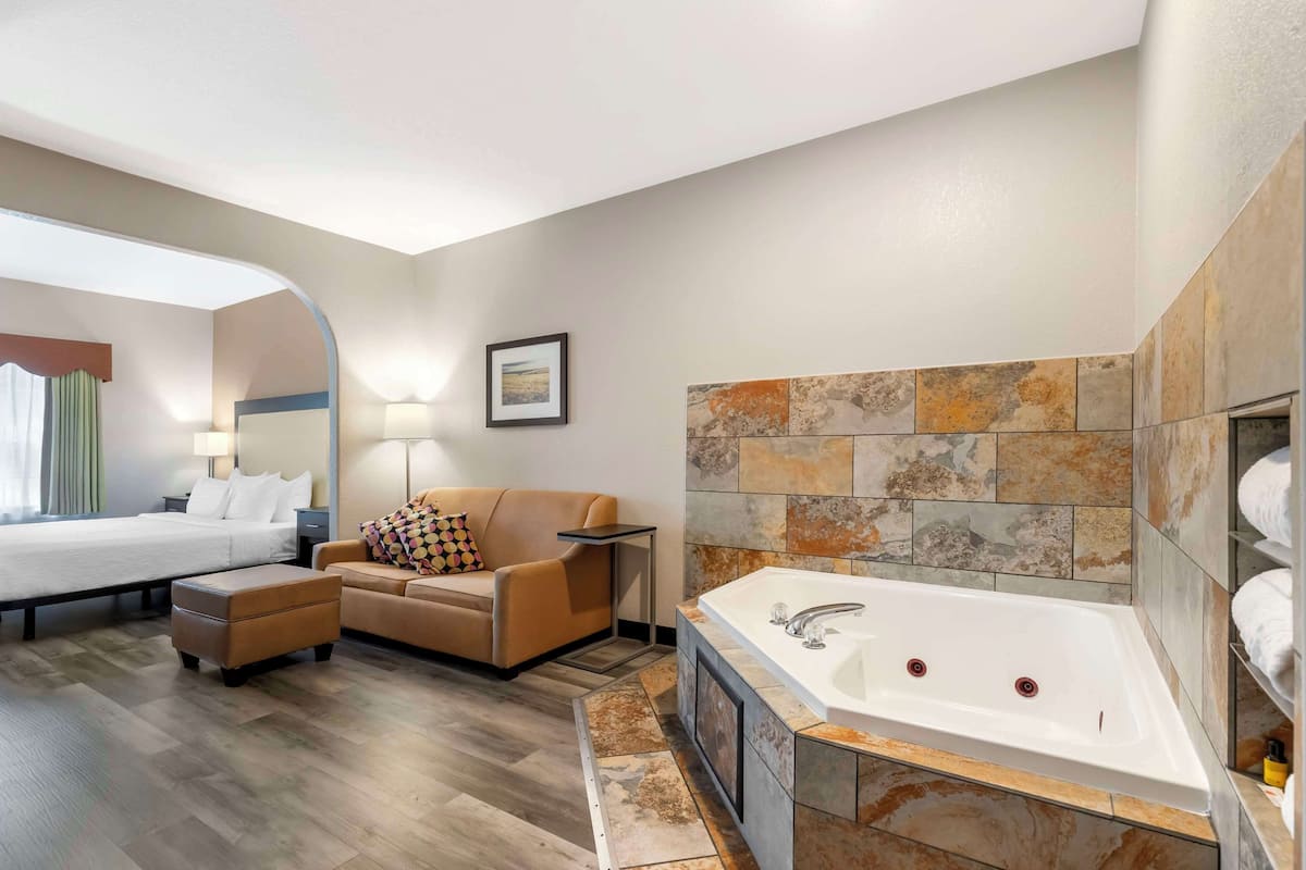 Una habitación de hotel moderna con una cama grande, un sofá, una mesita, un escritorio y una bañera.