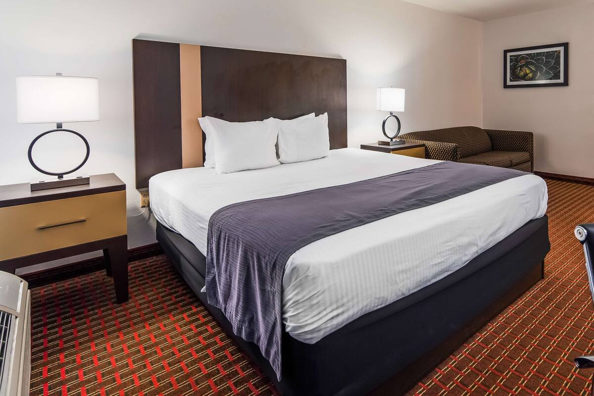 A hotel room with a large bed, two bedside tables with lamps, a chair, a sofa, and a framed picture on the wall.