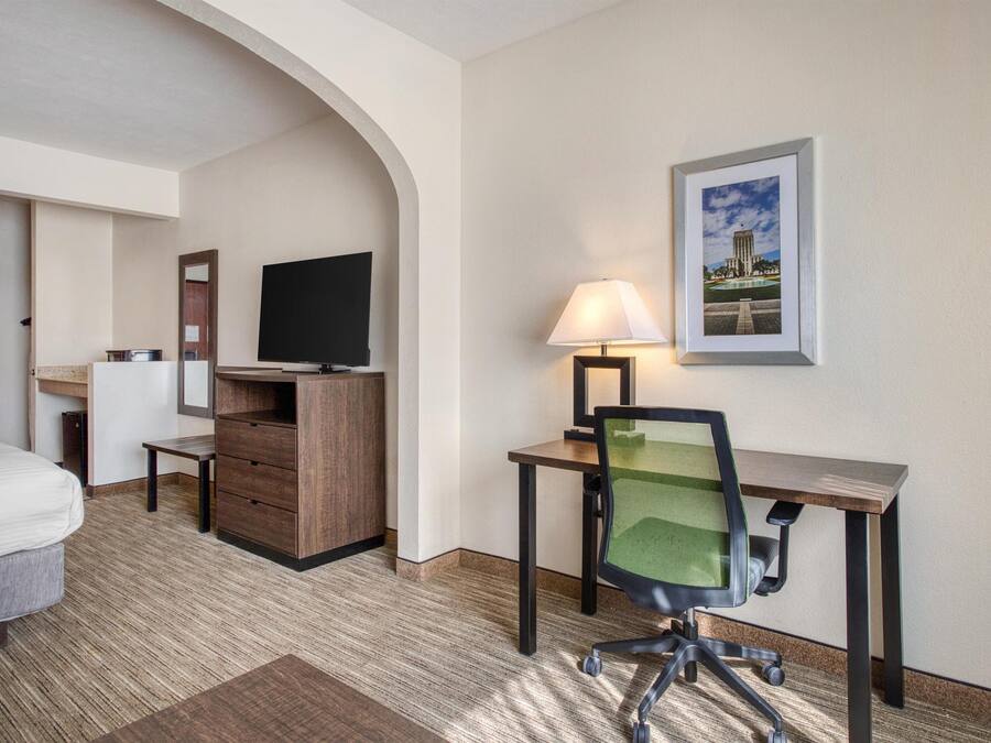 Habitación de hotel con cama, escritorio con silla, televisor, lámpara y un cuadro en la pared.