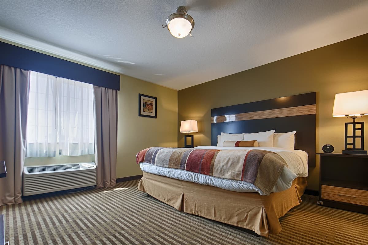 A hotel room with a large bed, two bedside lamps, a ceiling light, a window with curtains, and a framed picture on the wall.