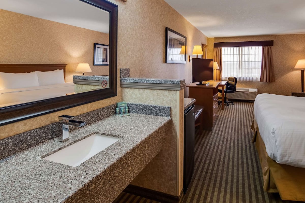 A hotel room with a bed, a desk, a chair, a large mirror, a sink, and a window with curtains.