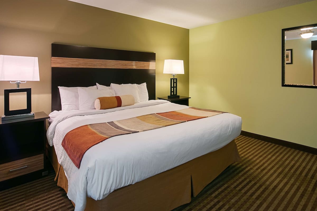 A hotel room with a large bed, two bedside tables with lamps, a headboard, and a carpeted floor.