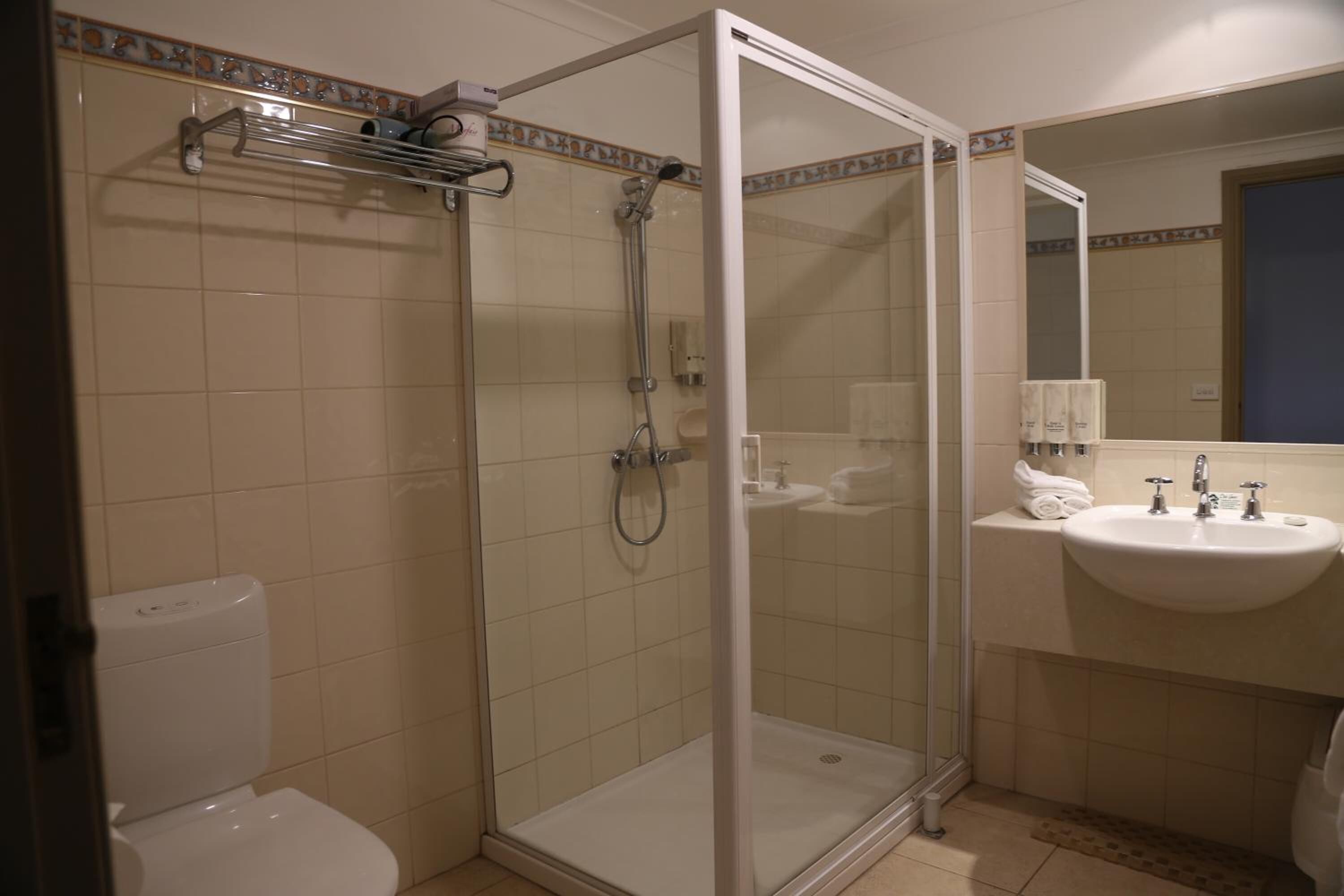 A bathroom with a glass-enclosed shower, a toilet, and a sink with a mirror above it.