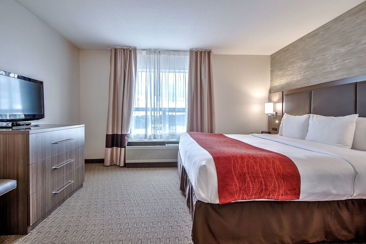 Una habitación de hotel con cama, televisor, cómoda y ventana con cortinas.