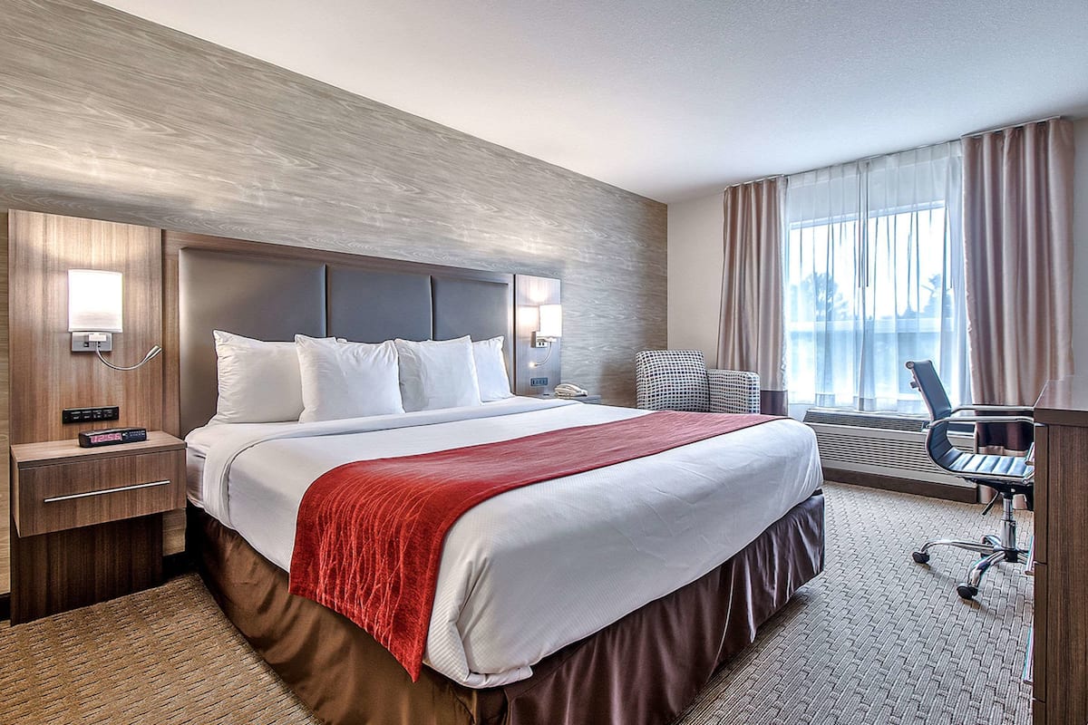 A hotel room with a large bed, a desk, and a chair. There is a window with curtains, a nightstand, and a lamp.