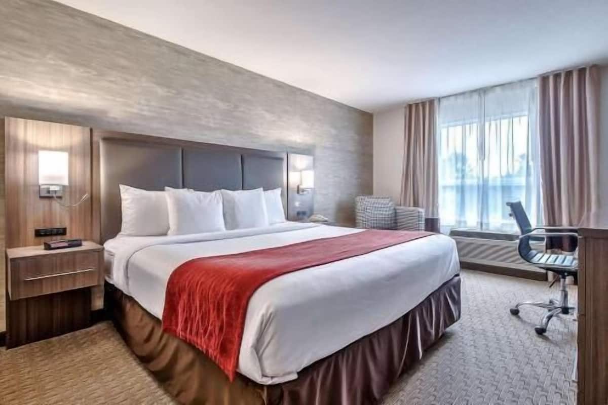 A hotel room with a large bed, a desk, and a chair.