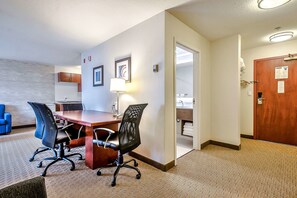 In-room safe, desk, laptop workspace, blackout curtains
