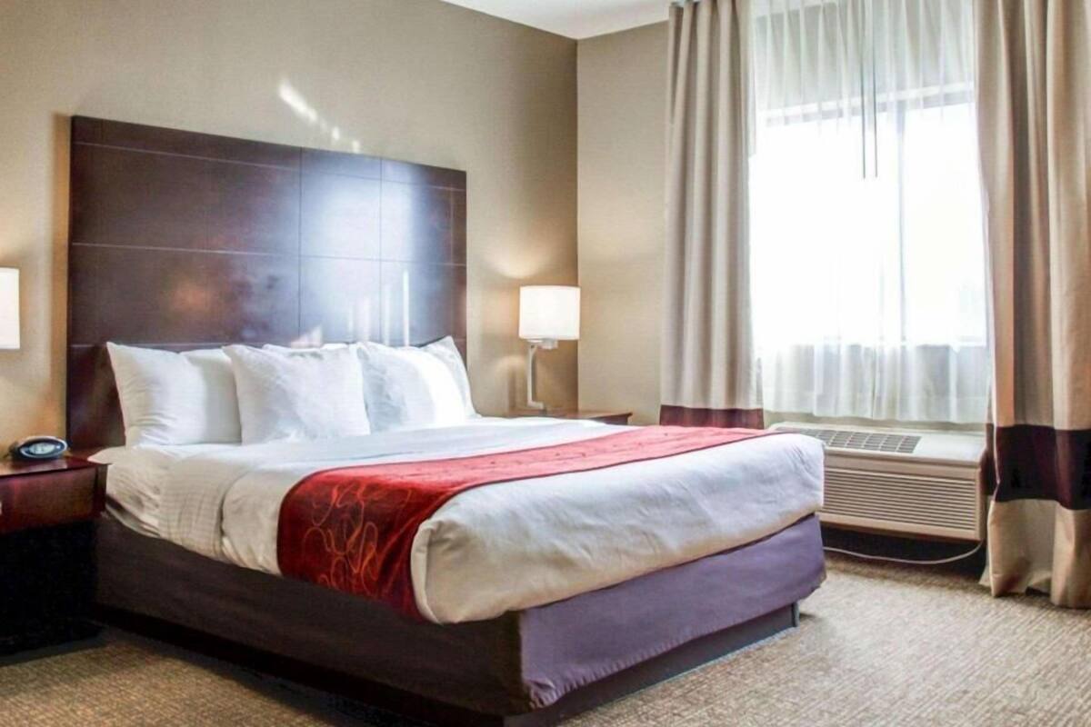 A hotel room with a large bed, a nightstand, a lamp, an air conditioning unit, and a window with curtains.