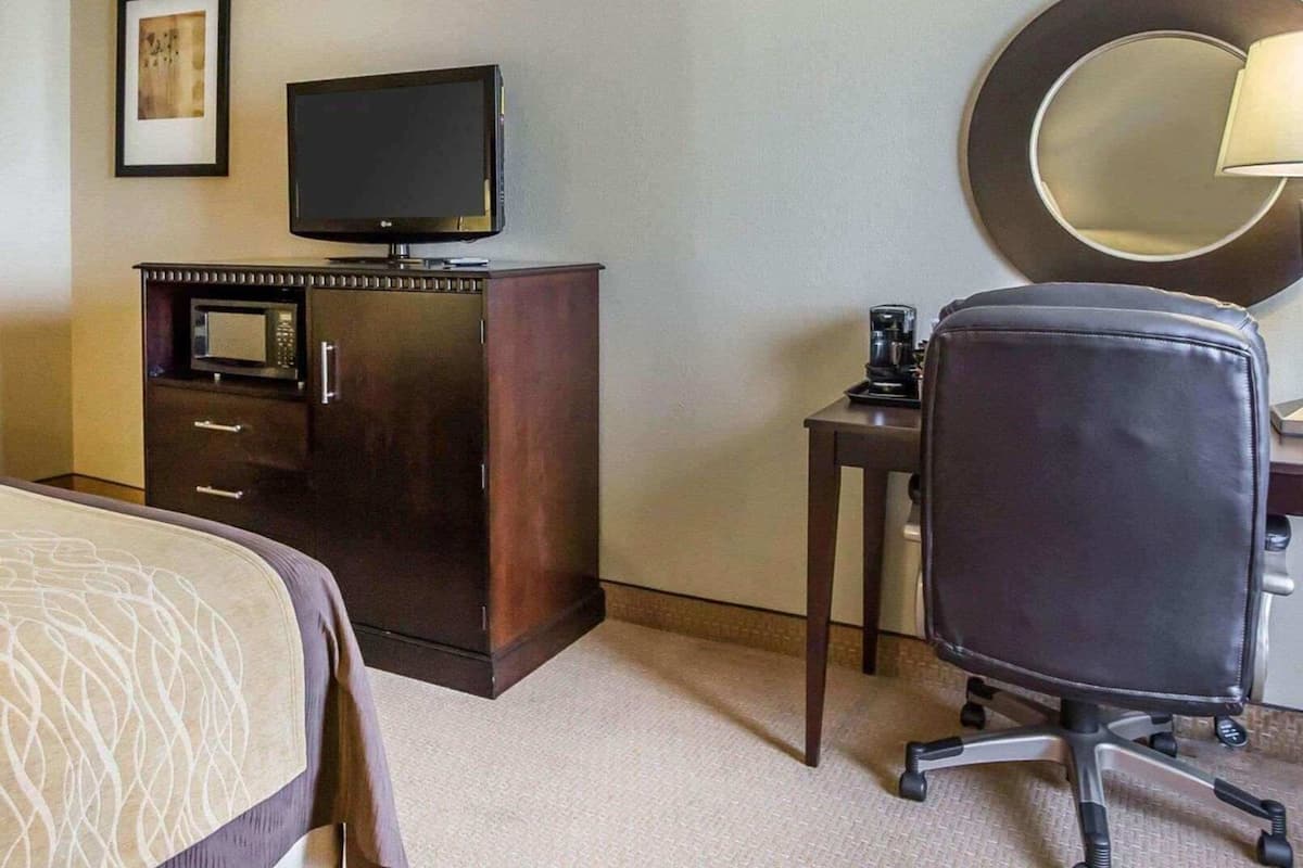 A hotel room with a bed, a desk with a chair, a television, a microwave, and a coffee maker.