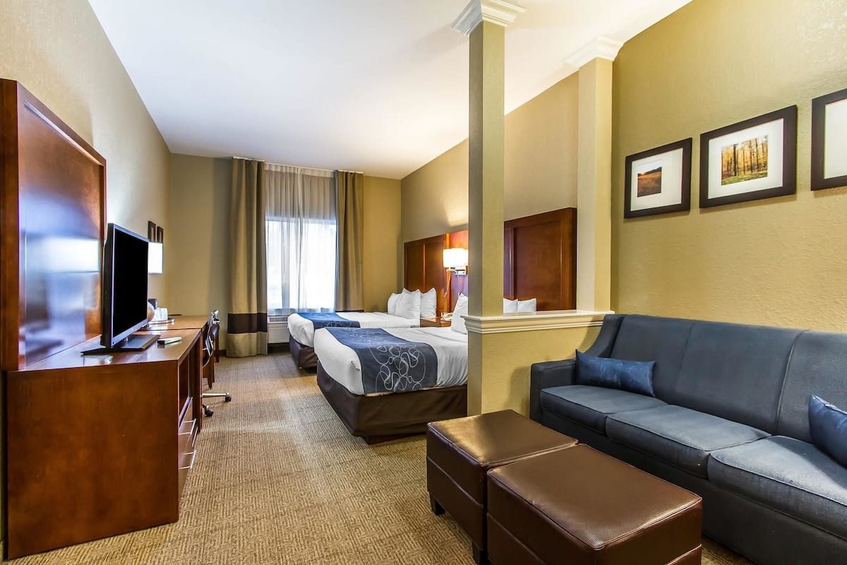 A hotel room with two beds, a TV, a sofa, and a desk.