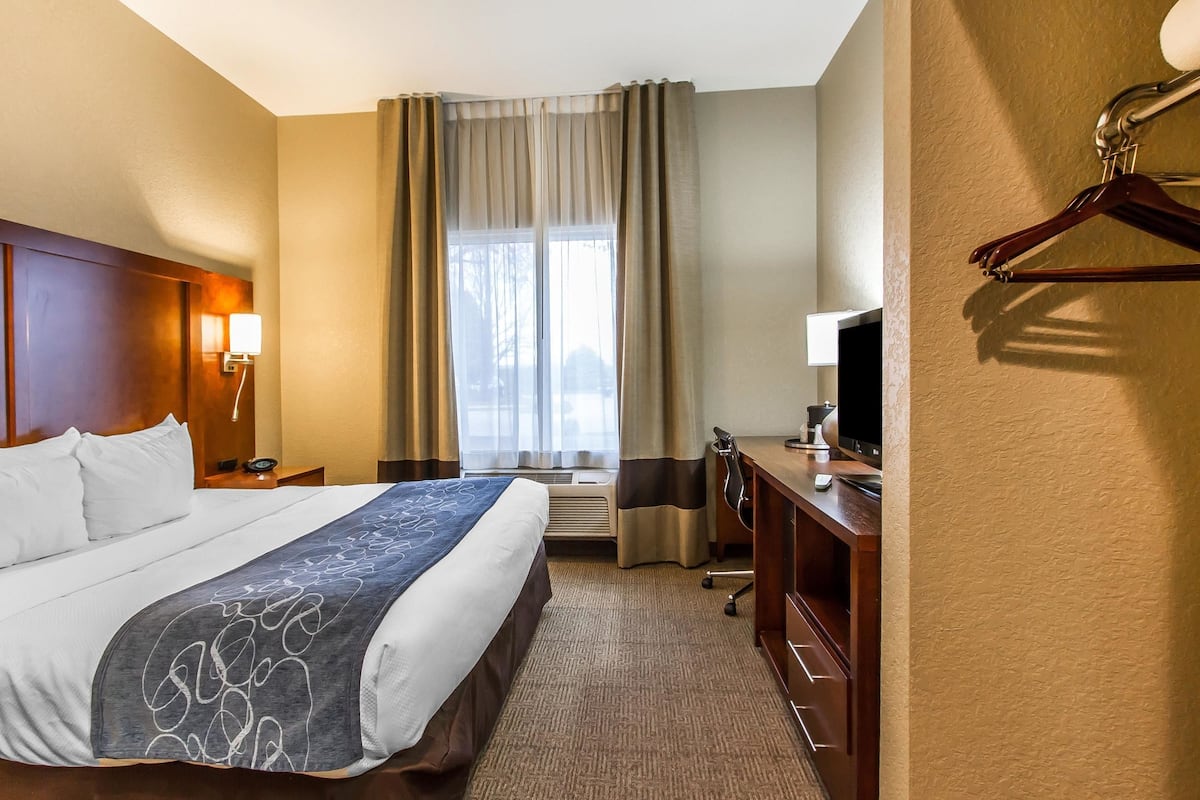 A hotel room with a large bed, a desk with a chair, a TV, and a coat rack.