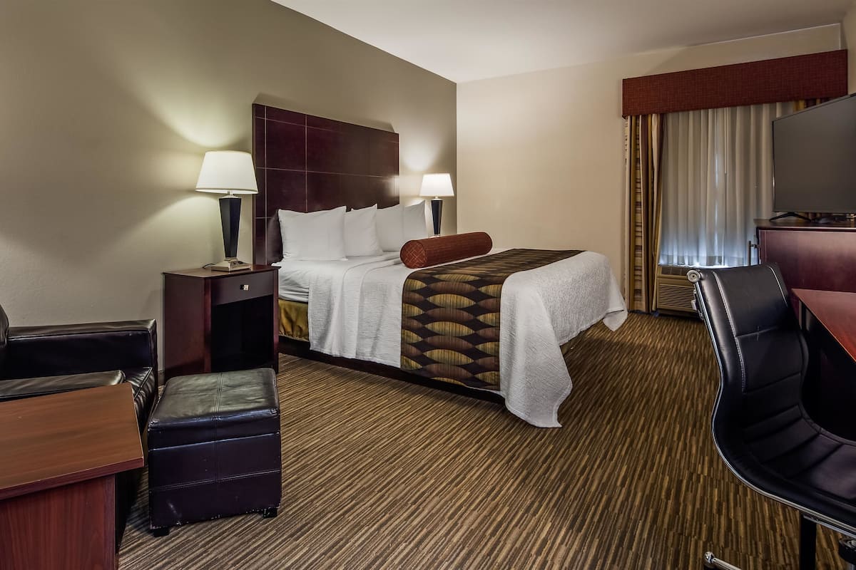 Hypo-allergenic bedding, pillow-top beds, desk, laptop workspace